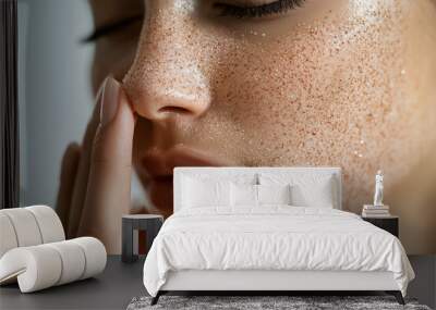 Young lady exfoliating their face with a gentle scrub. Generative AI Wall mural