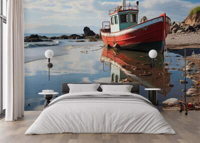 beach image with cloudy blue sky and white sand shore Wall mural