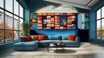 Top View Of Container Cargo Ship In Sea Background Wall mural