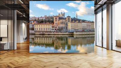 Cathedral Saint Jean and Basilica Notre-Dame de Fourviere, iconic symbols of Lyon, Rhone, France Wall mural