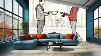 A line art drawing with minimal coloring, featuring two people exchanging tech gadgets in front of a modern tech store Wall mural