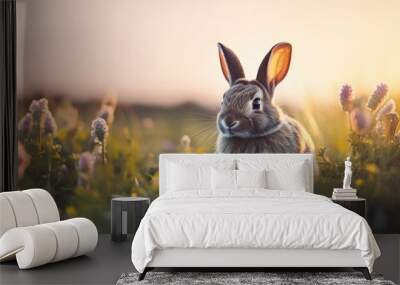  rabbits in the meadow in the afternoon Wall mural