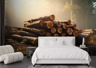 a pile of logs in the middle of the forest Wall mural