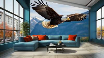 close up of a bald eagle flying in the mountains Wall mural