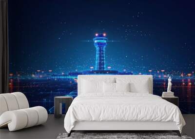 Digitalized Airport Tower in Night Lights Wall mural