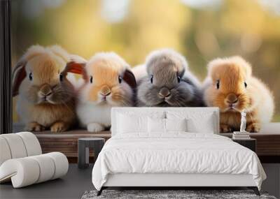 Four Adorable Bunnies Posing on Wooden Plank Wall mural