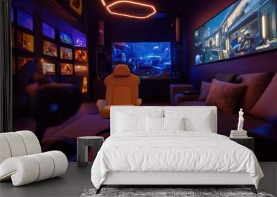 Gaming Room Setup with Immersive Lighting and Screens Wall mural