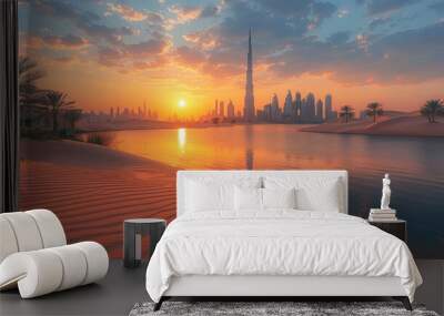 Sunrise over Dubai Skyline with Palm Trees and Sand Dunes Wall mural