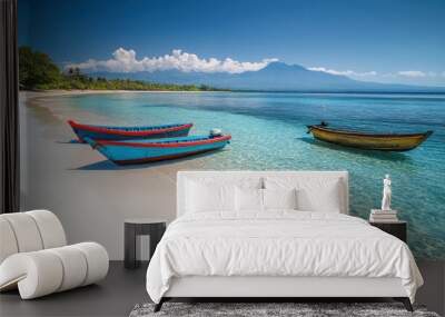 Tropical Beach with Boats and Mountain Wall mural