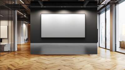 exhibition hall interior with illuminated empty white mock up banner on concrete wall, frames on wall, white blank screen, Generative AI Wall mural