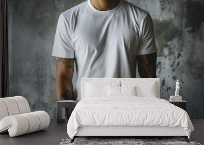 front view of man wearing white blank t-shirt mockup template Wall mural