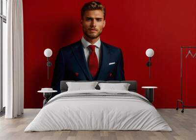 Radiating confidence and sophistication, a debonr young man stands agnst a solid red background in his impeccably tlored business suit, a picture of modern elegance. Wall mural