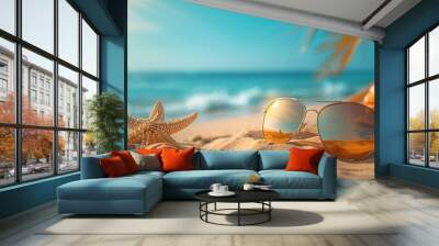 sunglasses on the sand beach with copy space, summer vacation concept Wall mural