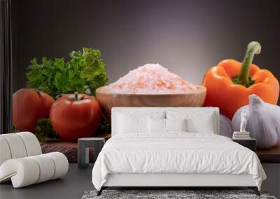 Himalayan pink salt in wooden bowl, Healthy food ingredient. ai generated Wall mural