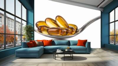 Vitamin capsules in steel spoon isolated on white, Health supplement. ai generated Wall mural