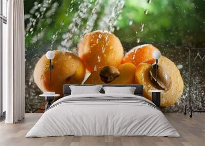 Water dropping apricots with branches. ai generated Wall mural