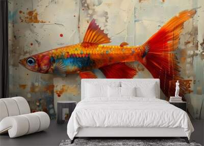 Fish swimming in an aquarium and on a wall, featuring goldfish and other colorful species in a vibrant aquatic setting Wall mural