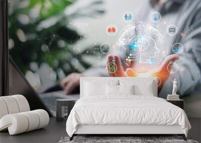 Business work and AI technology concept,Businessmen show AI technology in hand artificial intelligence to generate something in daily life,Data management convenience modernity in the modern world. Wall mural