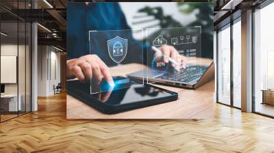 Cyber security and document online management concept, Security encryption on tablets to access personal data via the internet and cloud computing storage system, data protection hacker Wall mural