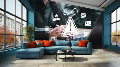 Cyber theft Warning alert signal, Scam, Hacker, Fraudulent online, A person receives a warning message, Personal Data Protection, Identity theft, Secured internet access, Password, Security breach Wall mural