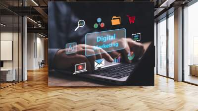 Digital marketing commerce online and AI technology engines for business concept, Businessman use the laptop plan digital marketing, digital channels search engines, social media, email, smartphone Wall mural