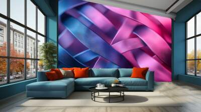 Abstract Intertwined Tapestry: A captivating abstract image of blue and pink metallic ribbons interwoven, creating a mesmerizing pattern that evokes a sense of flow and connection. The smooth, glossy  Wall mural