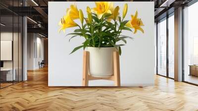 Flower stand with light wood and minimalist Scandinavian design featuring white lilies isolated on a solid white background Wall mural