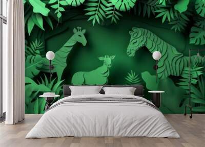 paper-cut-style background Jungle safari animals , texture and shadow, fashion photography, space for text, 8k. Wall mural