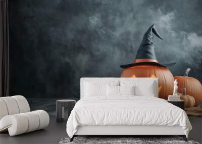 Spooky Halloween pumpkins with witch hat create festive atmosphere Wall mural