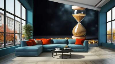 An hourglass on a dark background with golden coins, symbolizing the concept of time and money. Wall mural