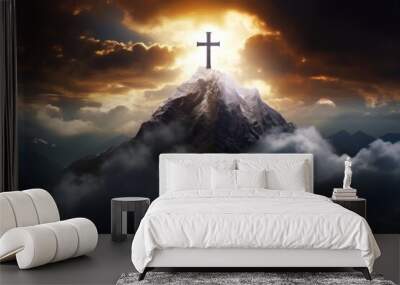 Cross of Jesus Christ on the top of the mountain in the clouds, Religion concept.
 Wall mural