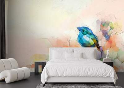 Abstract colorful oil, acrylic painting of bird and spring flower. Modern art paintings brush stroke on canvas. Illustration oil painting, animal and floral for background. Wall mural