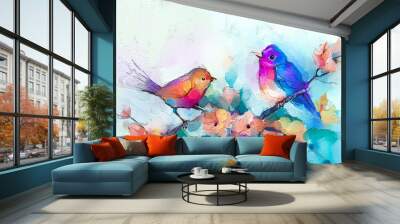 Abstract colorful oil, acrylic painting of bird and spring flower. Modern art paintings brush stroke on canvas. Illustration oil painting, animal and floral for background. Wall mural