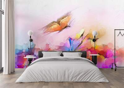 Abstract colorful oil, acrylic painting of butterfly flying over spring flower. Illustration hand paint floral blossom in summer or spring season, nature image for wallpaper or background. Wall mural