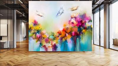 Abstract colorful oil, acrylic painting of butterfly flying over spring flower. Illustration hand paint floral blossom in summer or spring season, nature image for wallpaper or background. Wall mural