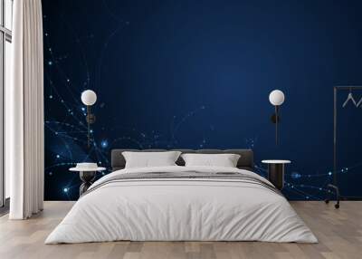 Abstract Molecules with Circles, Lines, Geometric, Polygon, Triangle pattern. Vector design network communication technology on dark blue background. Futuristic- digital science technology concept Wall mural