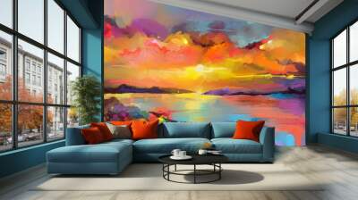 Colorful oil painting on canvas texture. Impressionism image of seascape paintings with sunlight background. Modern art oil paintings of sunset over sea and beach. Abstract contemporary art Wall mural