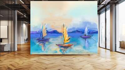 Colorful oil painting on canvas texture. Impressionism image of seascape paintings with sunlight background. Modern art oil paintings with boat, sail on sea. Abstract contemporary art for background Wall mural