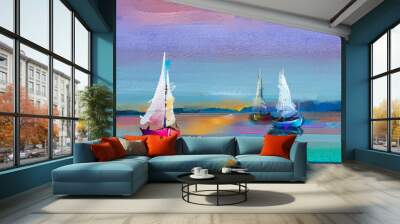 Colorful oil painting on canvas texture. Impressionism image of seascape paintings with sunlight background. Modern art oil paintings with boat, sail on sea. Abstract contemporary art for background Wall mural