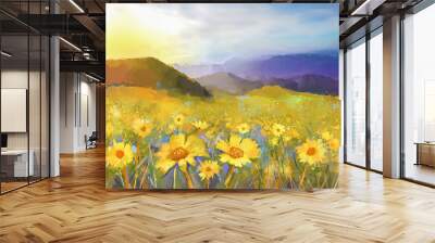 Daisy flower blossom.Oil painting of a rural sunset Wall mural