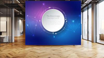 Illustration Abstract 3d paper circle with molecules, lines, geometric, polygon, triangle pattern. Vector design network communication technology on dark blue background. Futuristic technology concept Wall mural