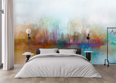 Illustration painting colorful autumn, summer season nature background. Abstract art image of forest, tree with yellow, red leaf, blue cloud in sky and lake with watercolor paint. Outdoor landscape Wall mural