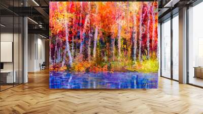 Oil painting colorful autumn trees. Semi abstract image of forest, aspen trees with yellow - red leaf and lake. Autumn, Fall season nature background. Hand Painted Impressionist, outdoor landscape Wall mural