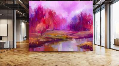 Oil painting colorful autumn trees. Semi abstract image of forest, aspen trees with yellow - red leaf and lake. Autumn, Fall season nature background. Hand Painted Impressionist, outdoor landscape Wall mural