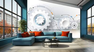 Vector illustration gear wheel, hexagons and circuit board, Hi-tech digital technology and engineering, digital telecom technology concept. Abstract futuristic on light blue color background Wall mural