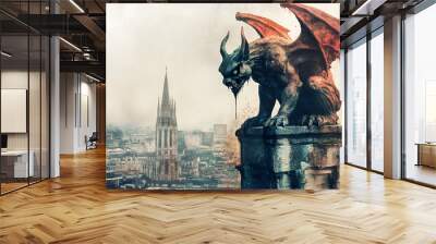 Gothic Halloween, Gargoyle statue rain soaked stone cityscape background Wall mural