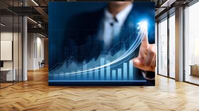 Hand young business man Value of money and investment for success and wealth analysis with rising graph financial Wall mural