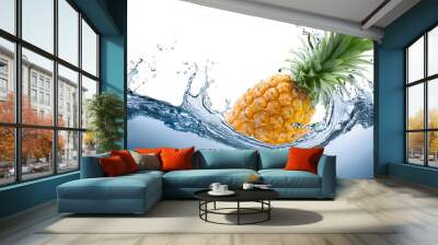 Pineapple splash wave in water on white background Wall mural