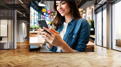 Young woman net idol hand Holding, Using smart phone mobile with Social Media in coffee shop, Love, Like, Follow and Comment concept Wall mural