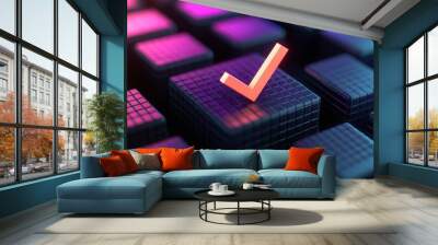 A vibrant keyboard with a glowing checkmark symbolizes confirmation and success in a digital environment. Wall mural